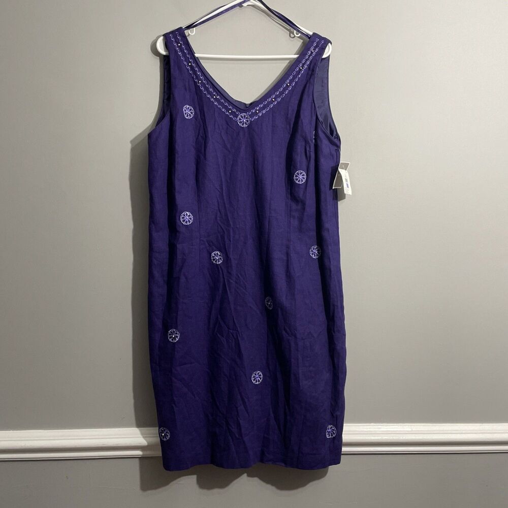 Sag Harbor Womens Dark Purple Sundress Linen Blend Beaded Embroidered V Neck 18
